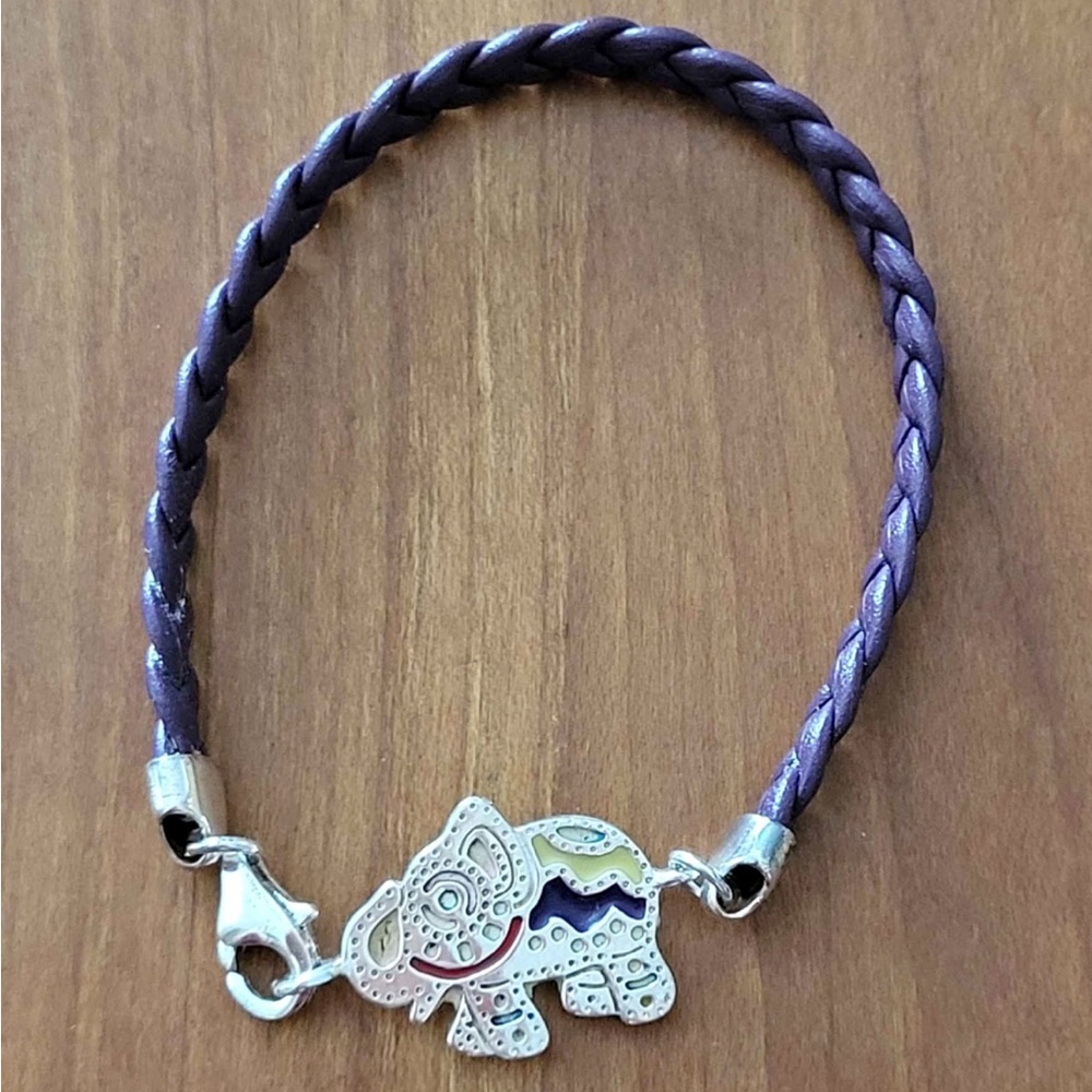 Tous Sterling Silver 925 Purple Braided Leather Elephant Charm Bracelet